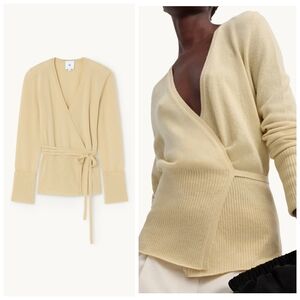 GWYN G. LABEL BY GOOP Natalie Cashmere Wrap Sweater XS Plunge Neck Butter Yellow